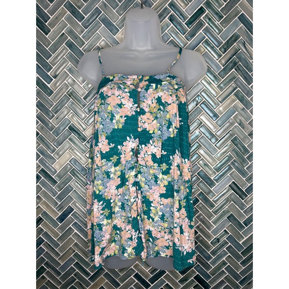 WOMENS O'NEILL TEAL FLORAL BUTTON FRONT SWING TANK TOP FLOWY AIRY SMALL BEACH
